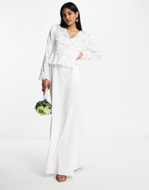 Conjunto de novia blanco de camisa y vestido largo de jacquard de satén de Y.A.S