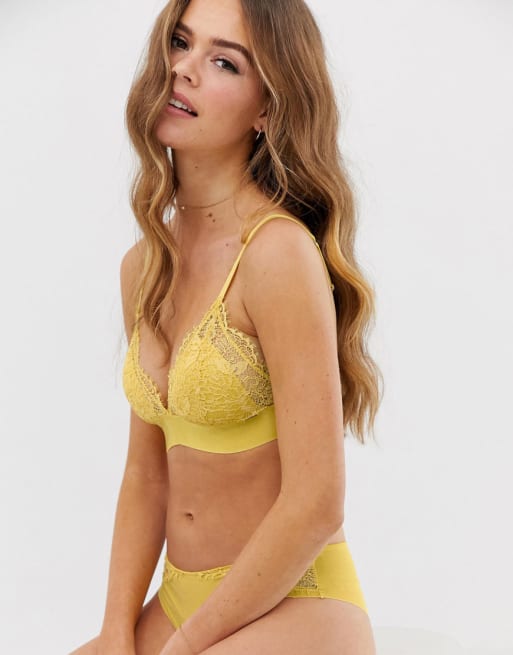 Conjunto de sujetador y braguita de encaje de puntilla en amarillo Ella M Nora Lindex | ASOS