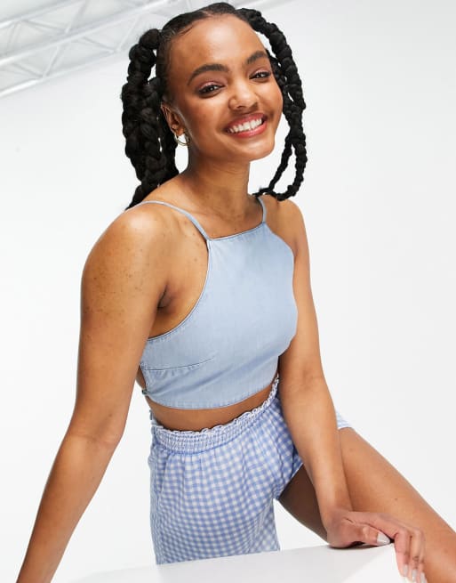 Conjunto de top corto y falda con lavado medio de denim suave de ASOS DESIGN