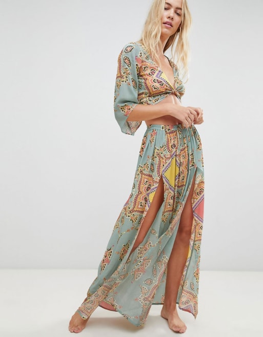 Conjunto largo con parte delantera anudada y estampado de cachemir en menta de ASOS DESIGN 