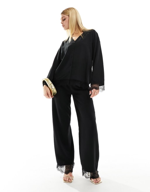 Conjunto negro de camisa con detalle de encaje y pantalones de pernera ancha de Object