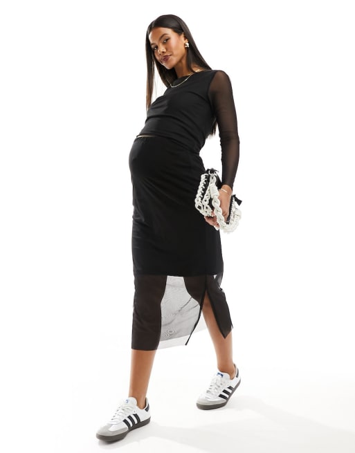 Conjunto negro de falda midi y top de manga larga de malla de Mamalicious Maternity