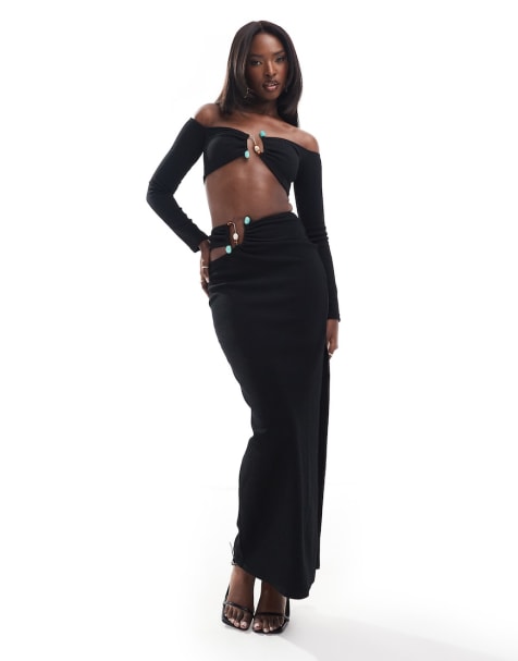 Conjunto negro de top corto con escote Bardot y detalle metálico y falda larga de ASOS DESIGN - view 1