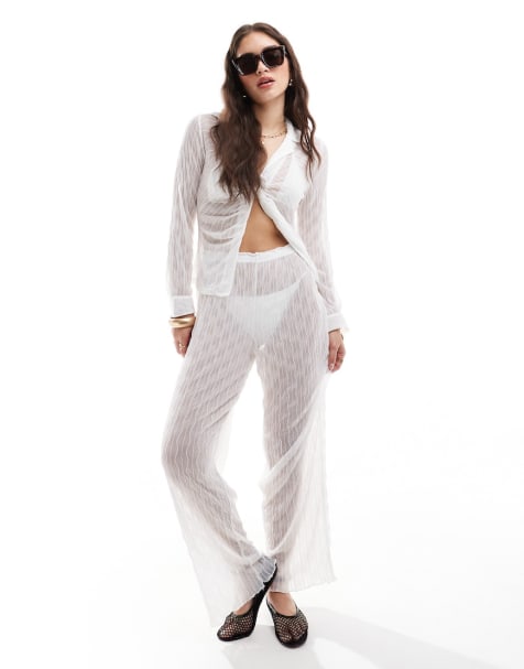 Conjunto playero blanco de pantalones y camisa de tejido traslúcido texturizado de Vero Moda - view 1