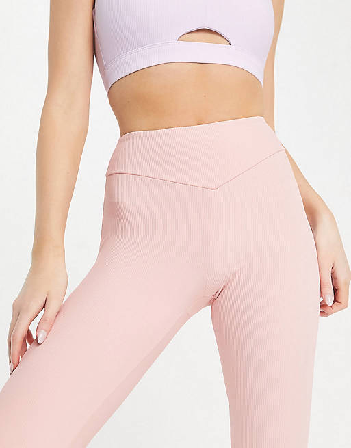 Mujer Leggings | Conjunto rosa pálido de leggings de talle alto y top a juego de canalé de South Beach - LH64393