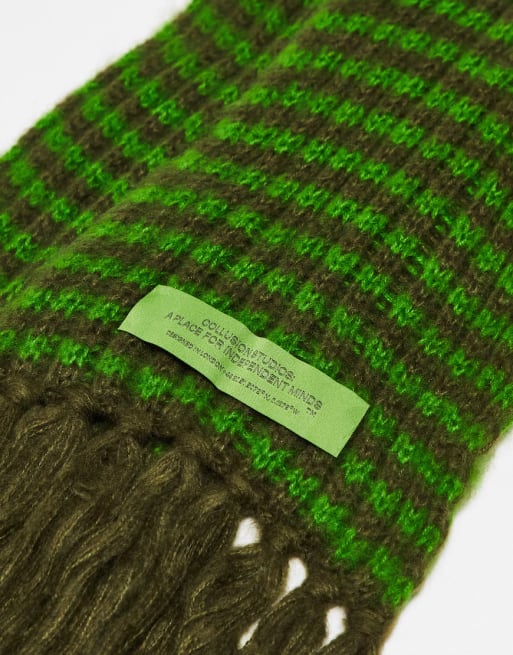 Conjunto verde a rayas de gorro, bufanda y guantes largos con acabado cepillado de COLLUSION Unisex