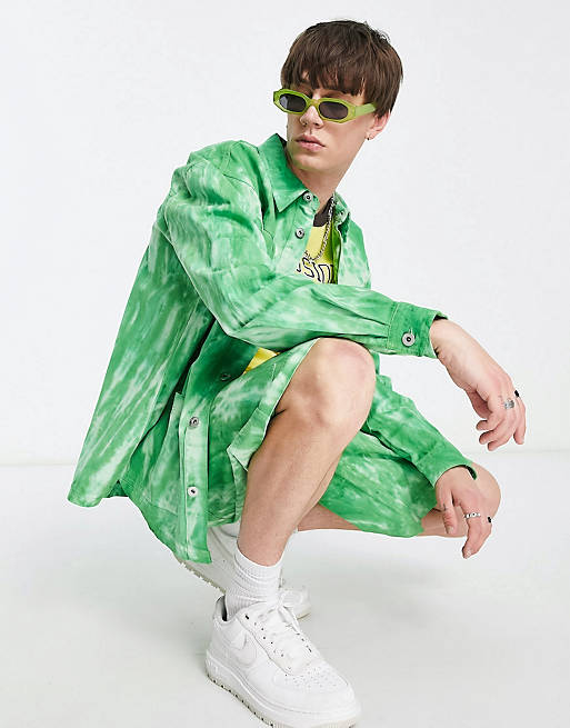 Hombre Other | Conjunto verde de camisa y pantalones cortos con efecto tie dye de COLLUSION - PI14562