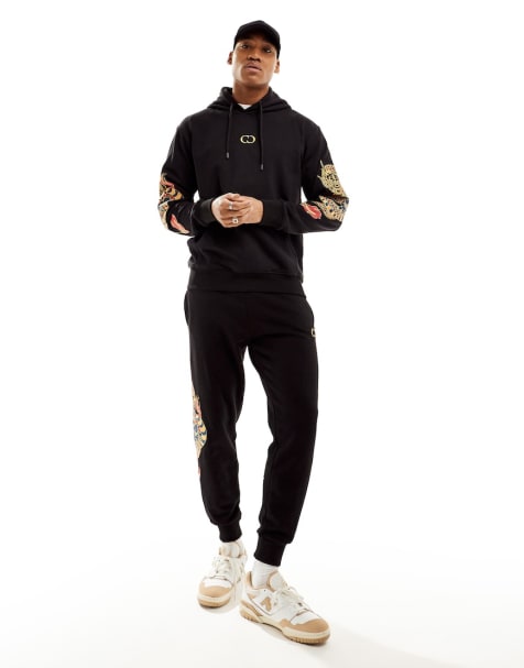 Criminal Damage dragon detail embriodery hoodie & joggers in black - view 1