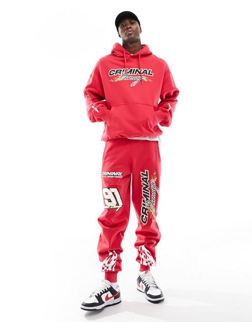 Criminal Damage heavyweight hoodie & joggers with racing graphics in red