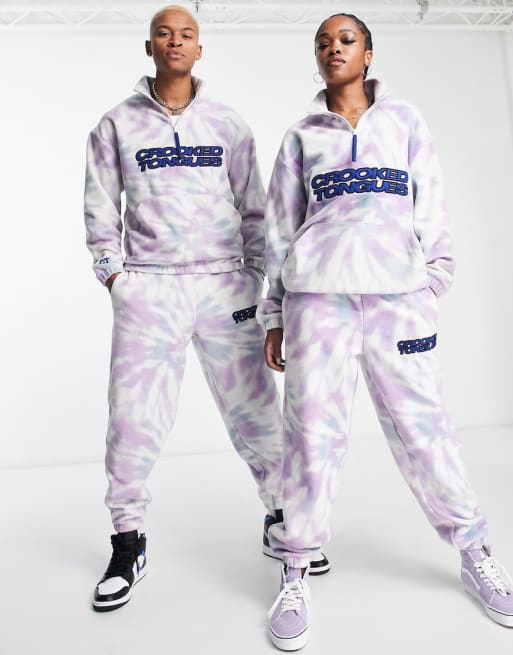 Crooked Tongues unisex set in all over print tie dye polar fleece with embro
