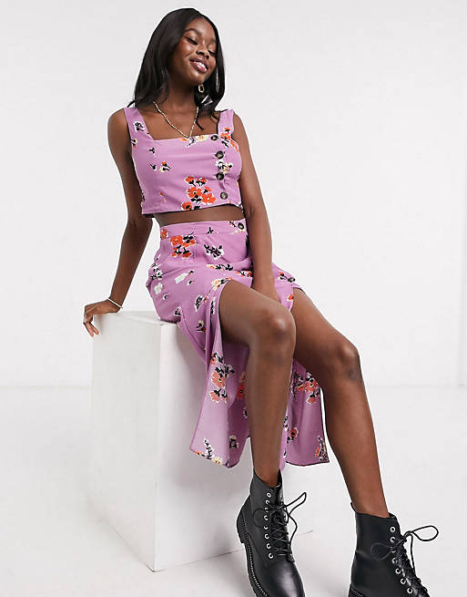 crop top and midi skirt with button detail in floral print two-piece