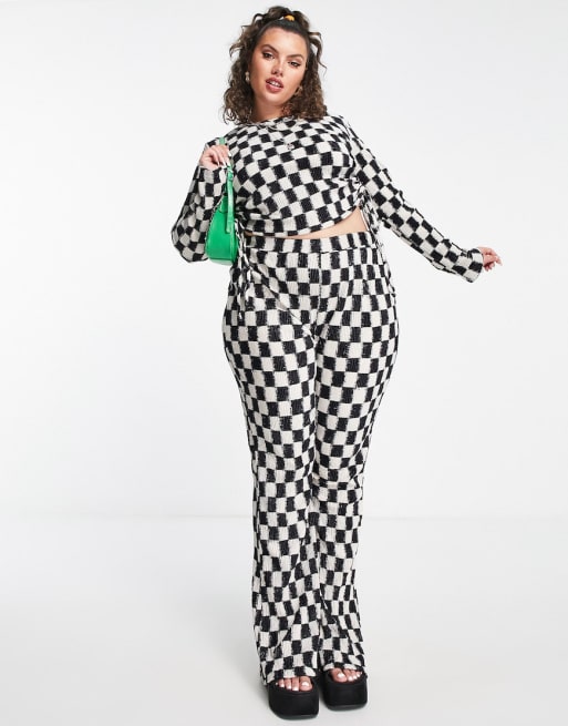 Daisy Street crop top and pants set in checkerboard velvet plisse