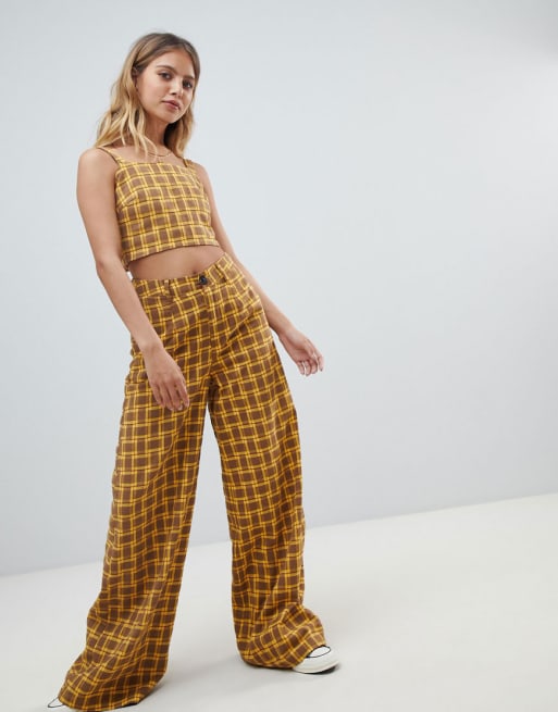 Daisy Street square neck crop top & wide leg pants in retro check two-piece