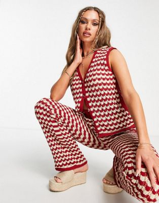 Damson Madder crochet sleeveless cardigan in red and white check - RED