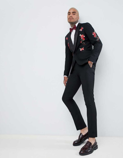 Devils Advocate - Skinny smokingcolbert met geborduurde bloemen