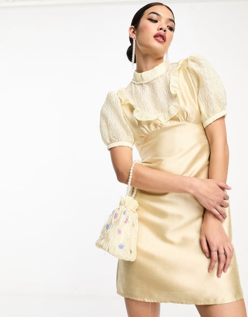 Dream Sister Jane - Coordinato con borsa e vestito corto color oro in pizzo e raso jacquard a contrasto