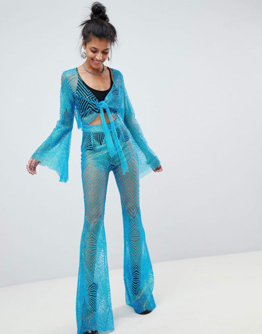 Elsie & Fred wide sleeve top and flared pants in glitter mesh twopiece ASOS