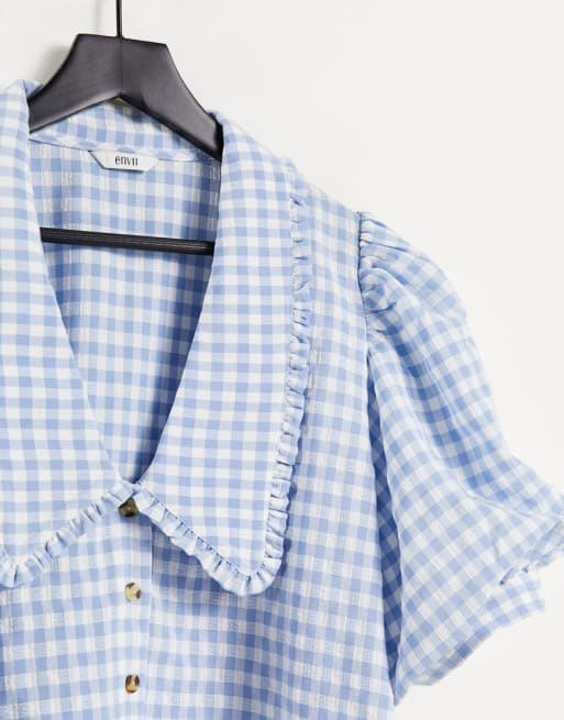 Envii - Coordinato con camicia con maniche a sbuffo e pantaloni, colore blu a quadri