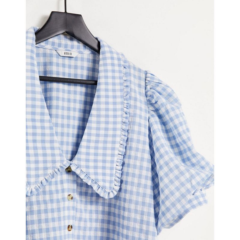 27bYb Top Envii - Coordinato con camicia con maniche a sbuffo e pantaloni, colore blu a quadri