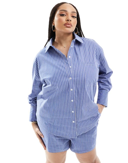 Esclusiva 4th & Reckless Plus - Coordinato con camicia e pantaloncini in popeline blu a righe