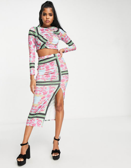 Esclusiva In The Style x Liberty - Coordinato con crop top e gonna midi a fiori multicolore 