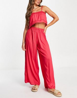 Esmee Exclusive beach co-ord layered frill strappy crop top in watermelon - RED