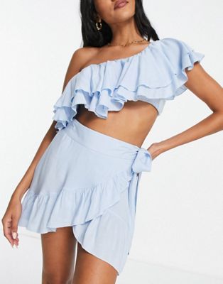 Esmee Exclusive one sholder frill crop beach top co-ord in blue - LBLUE