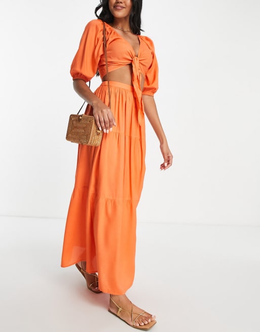 Esmee Exclusive tie front beach top co-ord with puff sleeve in orange - ORANGE