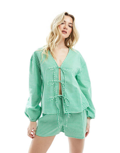Esmee gingham beach co-ord in green - view 1