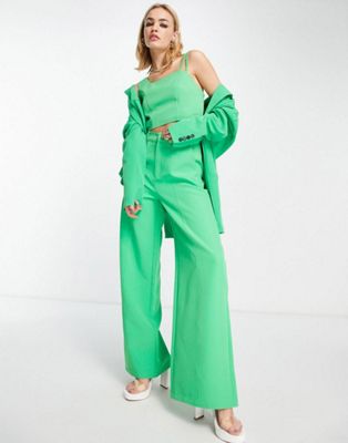 Extro & Vert asymmetric crop top and super wide leg trousers in bold green