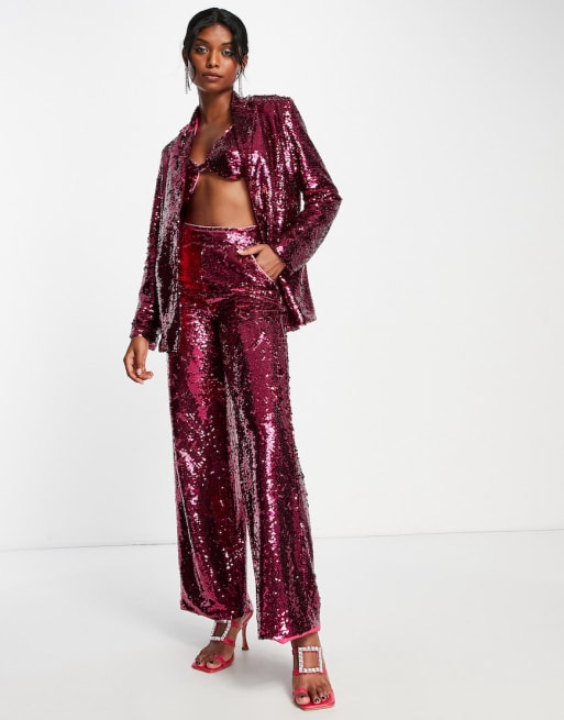 Extro & Vert oversized blazer and trousers in hot pink sequin co-ord