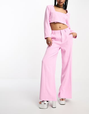 Extro & Vert Petite crop top and wide leg trousers in baby pink co