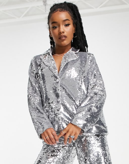 Extro & Vert Petite oversized blazer and trousers in silver sequin co ...