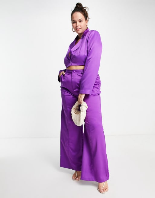 Extro & Vert Plus - Coordinato con blazer corto e pantaloni in raso color prugna