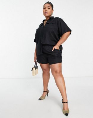 Extro & Vert Plus linen style shirt and shorts in black co-ord