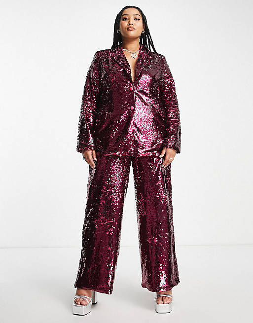 Extro & Vert Plus oversized blazer and pants set in hot pink sequin | ASOS