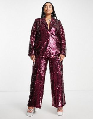 Extro & Vert Plus straight leg trousers in hot pink sequin co-ord