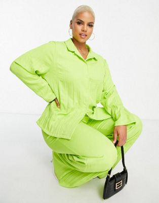 Extro & Vert Plus oversized plisse shirt in lime green co-ord