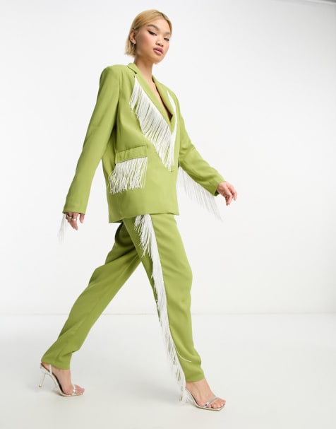 Extro & Vert – Premium – Set aus locker geschnittenem Blazer und Hose in Grün und Weiß mit Fransenbesatz - view 1