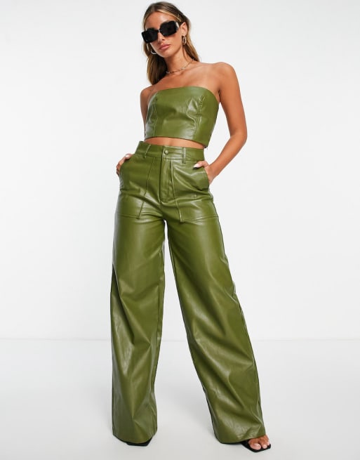 Extro & Vert wide leg pants and crop top in dark green faux leather | ASOS