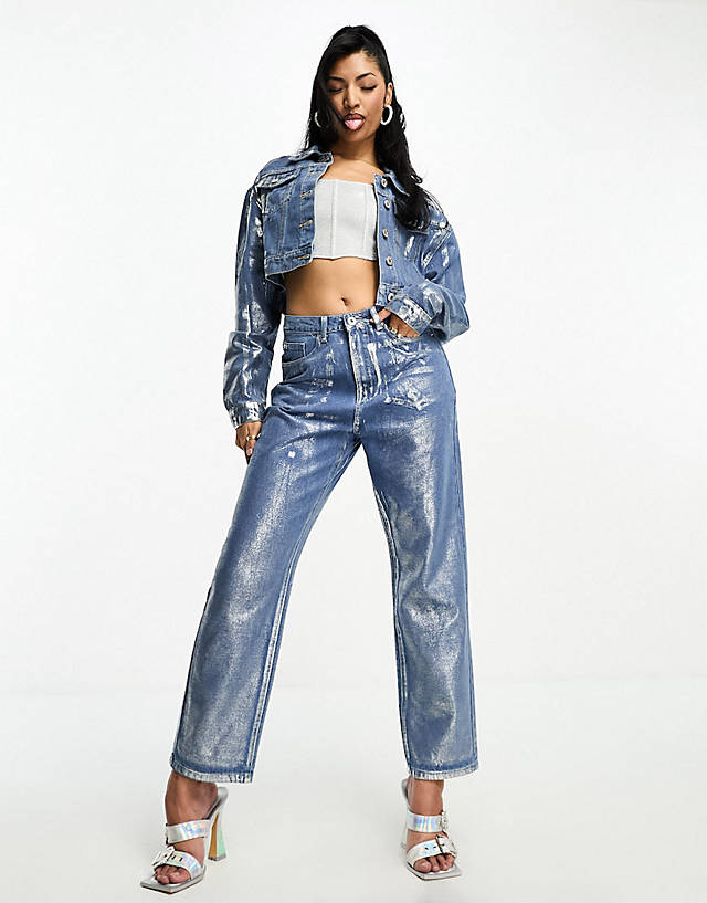 FAE - boxy denim jacket and high rise straight leg  co-ord in metallic silver