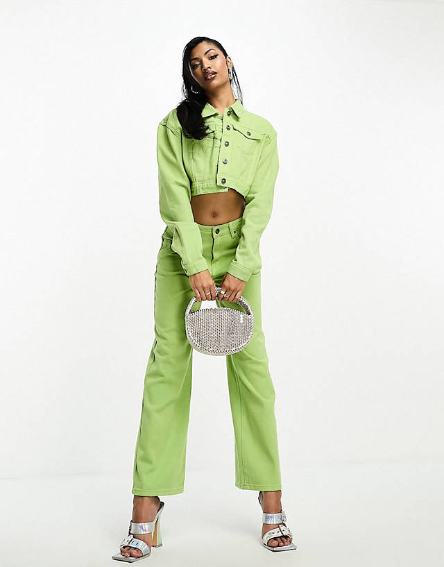 FAE - boxy denim jacket and low rise straight leg jeans co-ord in lime green