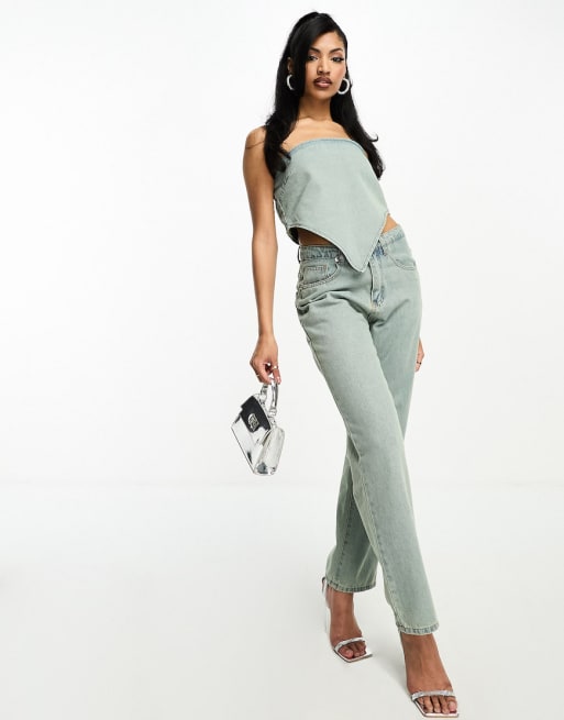 Fae - Co-ord set van denim top met zakdoekzoom en jeans met rechte pijpen en hoge taille in bleekblauw