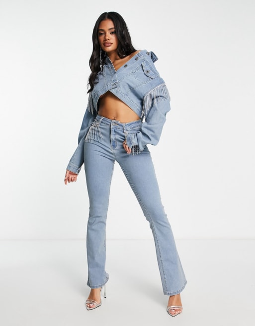 Fae denim jacket, skirt and jean with diamante fringe set in washed blue