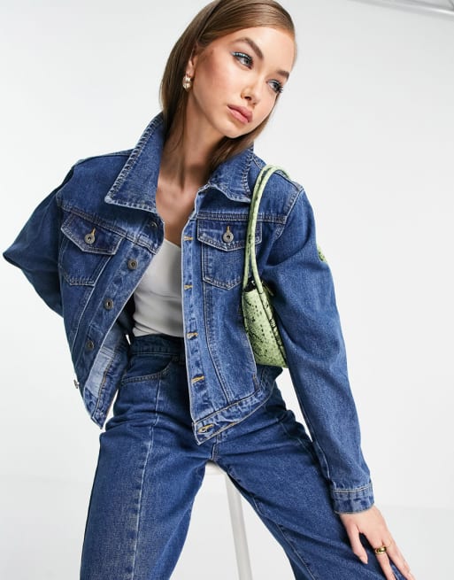 Fae girlfriend denim jacket and split front jeans set in mid blue | ASOS