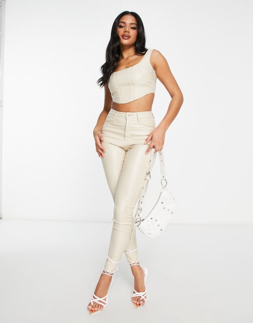 Fae leather look coated corset top and pants set in ivory