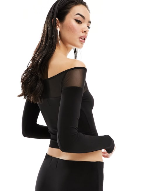 Falda larga negra de corte recto con paneles de malla de ASOS DESIGN (parte de un conjunto)