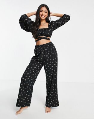 Fashion Union Exclusive balloon sleeve crop top co-ord with wrap detail in black