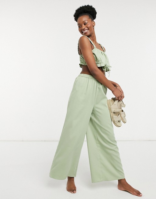 Fashion Union Exclusive high waist wide leg beach trousers in grass green co-ord
