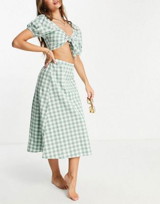 Fashion Union Exclusive crop beach top co-ord with balloon sleeves in green gingham
